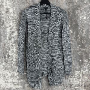 Express Size S Open Front Knit Cardigan Sweater Black White Long Sleeve Pockets